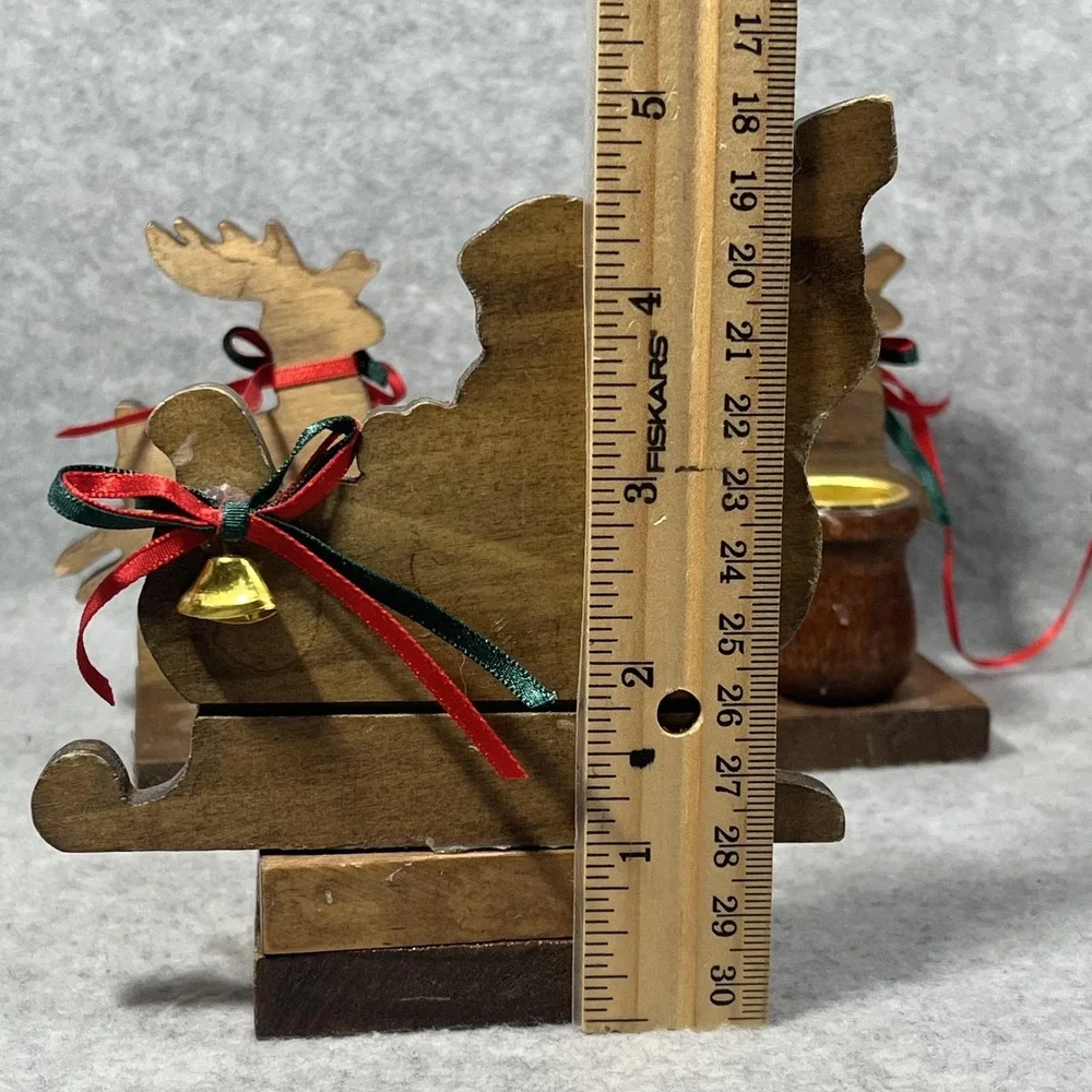 Vintage Christmas Around the World Wood Sleigh Reindeer Taper Candle Holders Set